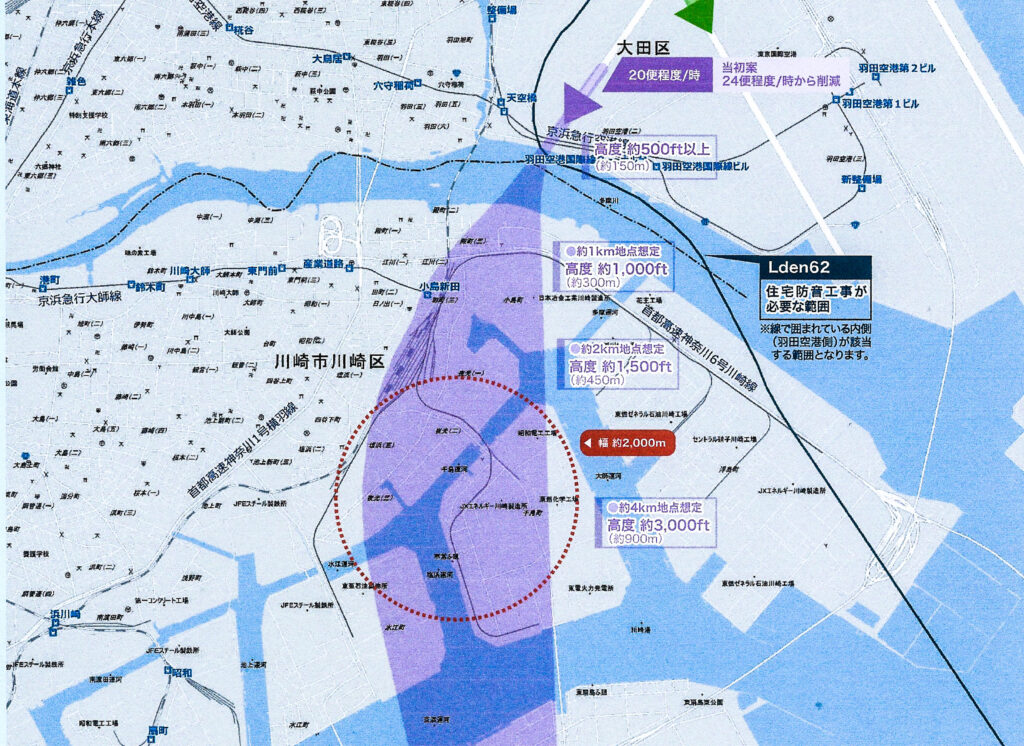 川崎区上空の飛行ルート図
